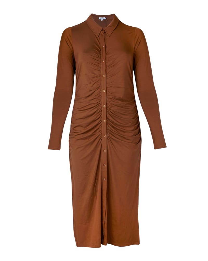 Front of a size 6 Button Front Collared Midi Dress in BROWN by Good American. | dia_product_style_image_id:227250